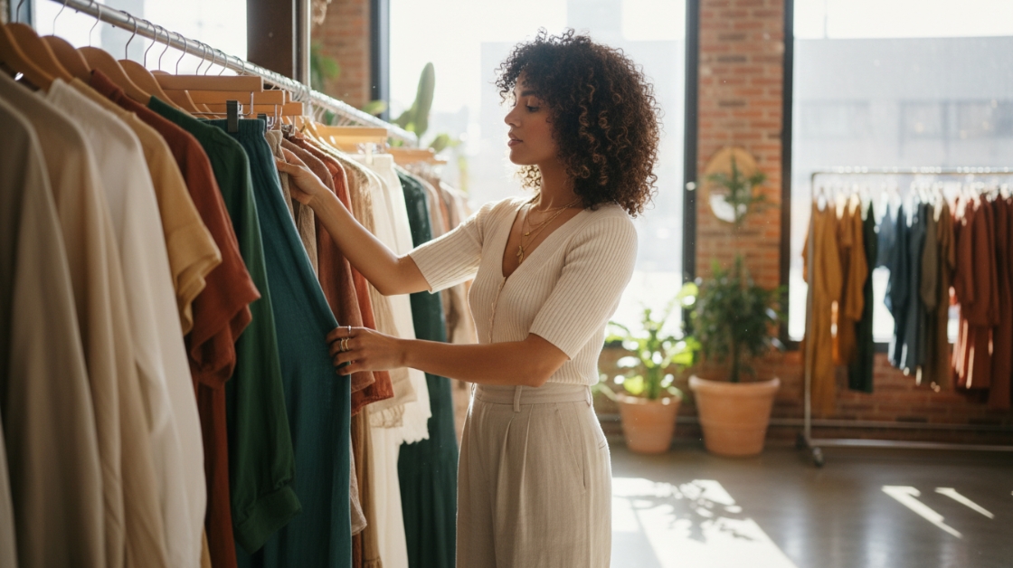 Woman selecting clothing from a rack